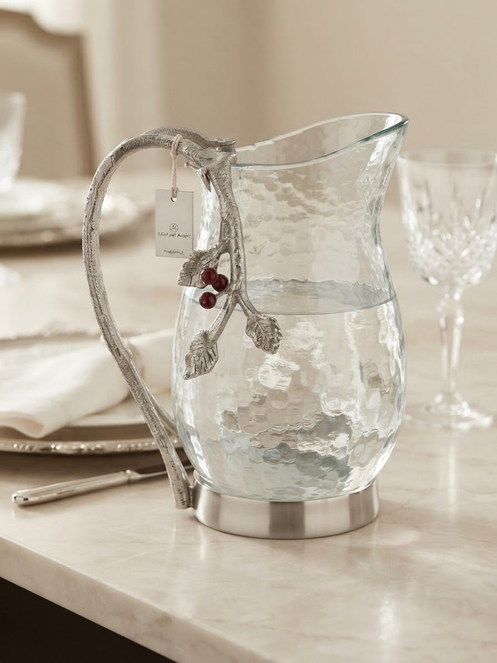 Decorative Hammered Glass Pitcher with Silver Branch Handle - Clear